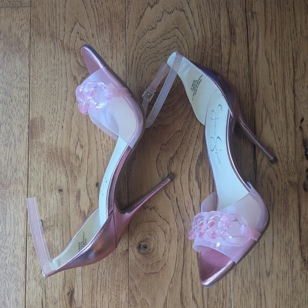 Jessica Simpson Wayri Sandals Metallic Pink‎ Clear Chain Strap Stiletto Heels 7M